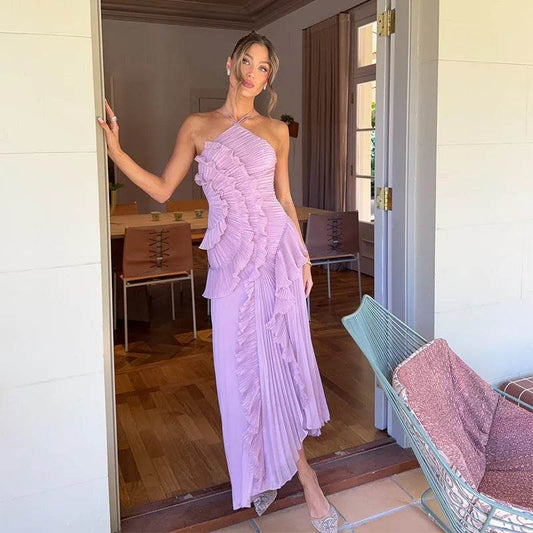 Elegant Backless Evening Gown - Ruffles & Lace Up Detail - Buy Center US