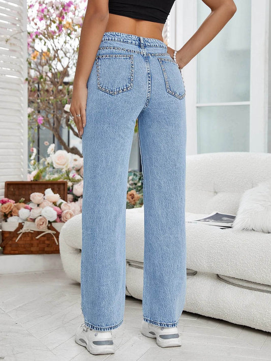 Women's Light Blue Straight-Leg Jeans - Casual Beaded Trim Style - Buy Center US