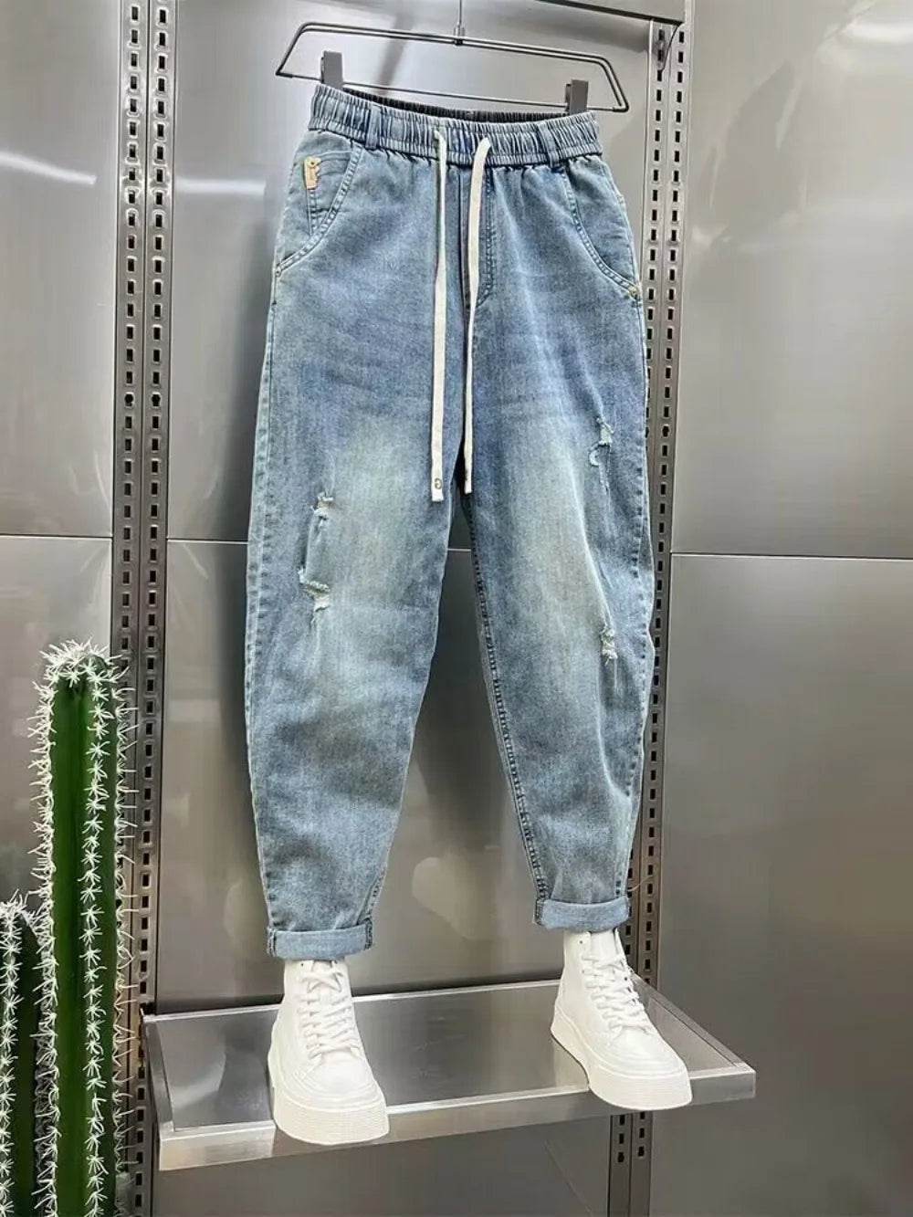 2024 Casual Loose Fit Denim Jeans for Men - Distressed Blue Joggers - Buy Center US