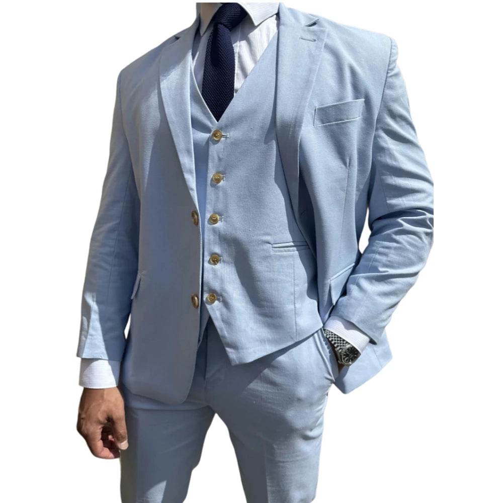 Tunetak Men's 3-Piece Linen Suit - Slim Fit Beige Blazer & Vest Set - Buy Center US