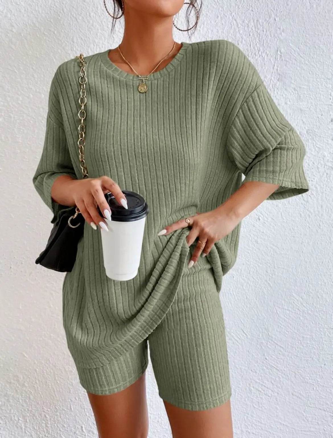 Casual Women’s Spring/Summer Two-Piece Set - O Neck Top & Shorts - Buy Center US