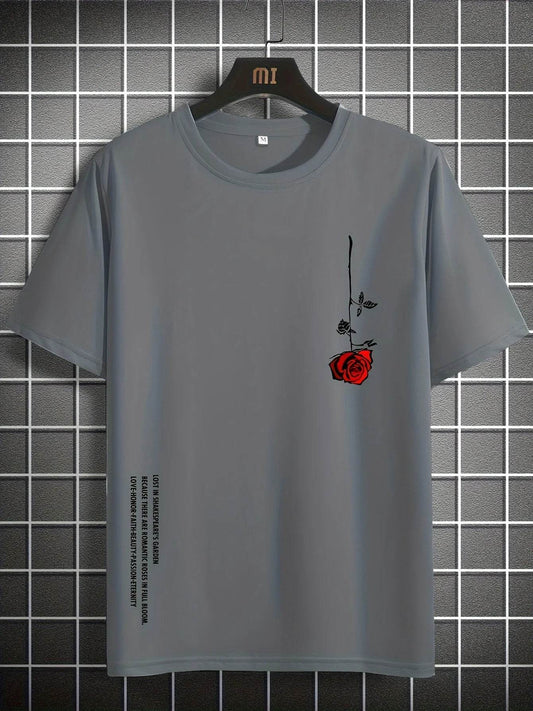 GUILAN Men's Casual Rose Print T-Shirt - 100% Cotton, Slim Fit Style - Buy Center US