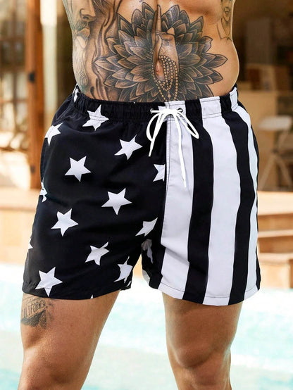 Men's Colorblock Drawstring Waist Beach Shorts - American Flag Print - Buy Center US
