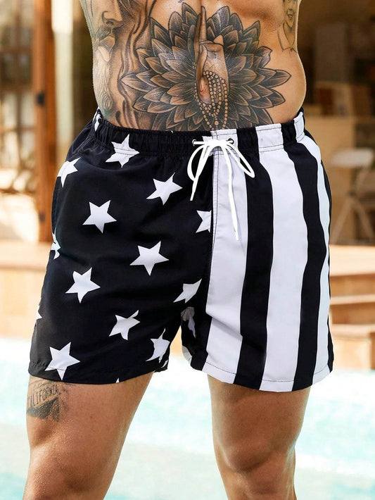 Men's Colorblock Drawstring Waist Beach Shorts - American Flag Print - Buy Center US