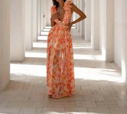Izmestyeva Floral Backless Dress - Sleeveless V-Neck, Ruffle Trim - Buy Center US