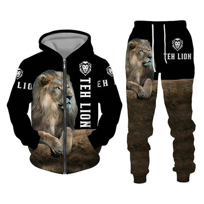 Men's 3D Lion Print Tracksuit - Casual Zipper Hoodie & Pants Set - Buy Center US