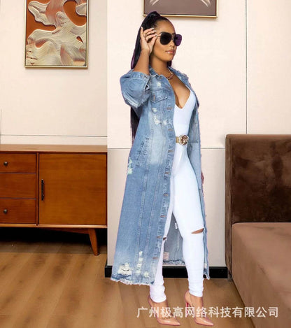 Kalenmos Women's Longline Denim Coat - Ripped Hem, Pockets, Stylish - Buy Center US