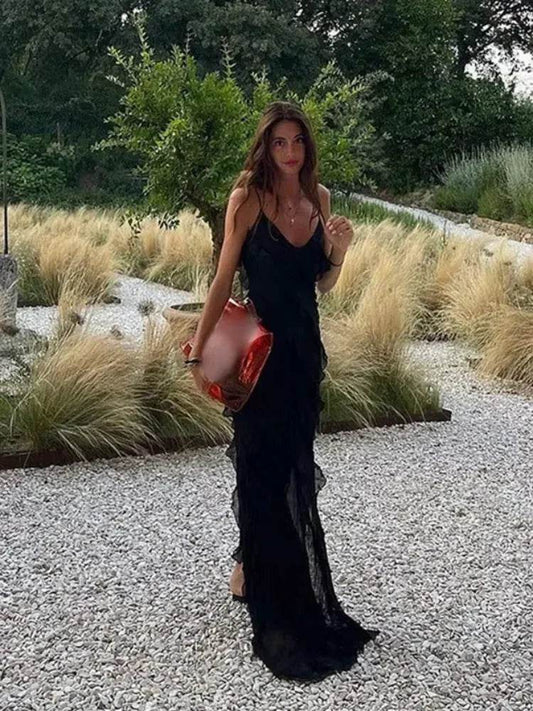 Koedse Sert Women’s Black Ruffle Hem Long Dress - Sexy V-Neck Style - Buy Center US