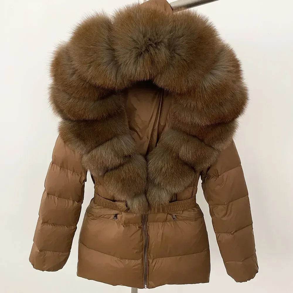 Women's Hooded White Duck Down Coat - Real Raccoon Fur Collar - Buy Center US