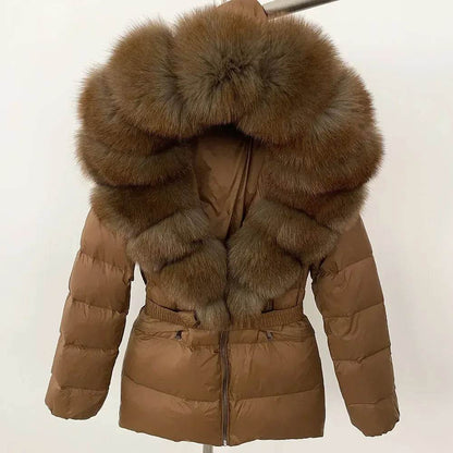 Women's Hooded White Duck Down Coat - Real Raccoon Fur Collar - Buy Center US