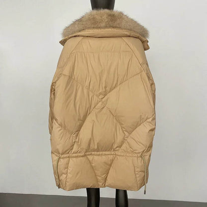 Women's White Goose Down Jacket - Real Fox Fur Puffer Coat - Buy Center US