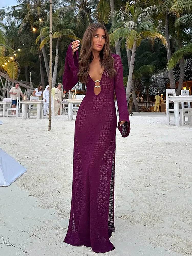 Chic V-Neck Crochet Dress for Women - Sexy Metal Ring Splicing - Buy Center US