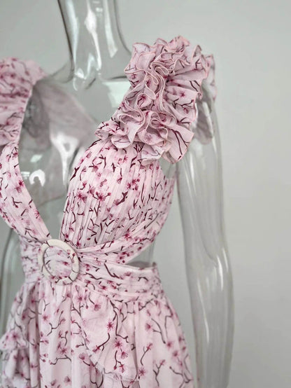 Izmestyeva Floral Backless Dress - Sleeveless V-Neck, Ruffle Trim - Buy Center US