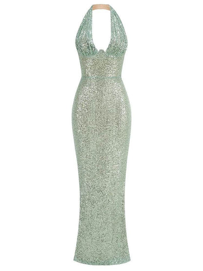 Green Maxi Dress for Women - Sexy V Neck Sleeveless Sequined Gown - Buy Center US