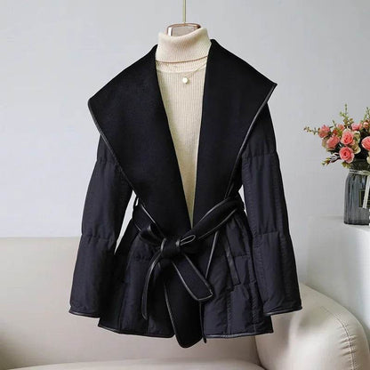 Lady Puffer Jacket with Belt - Warm Wool Cashmere Down Coat 2024 - Buy Center US
