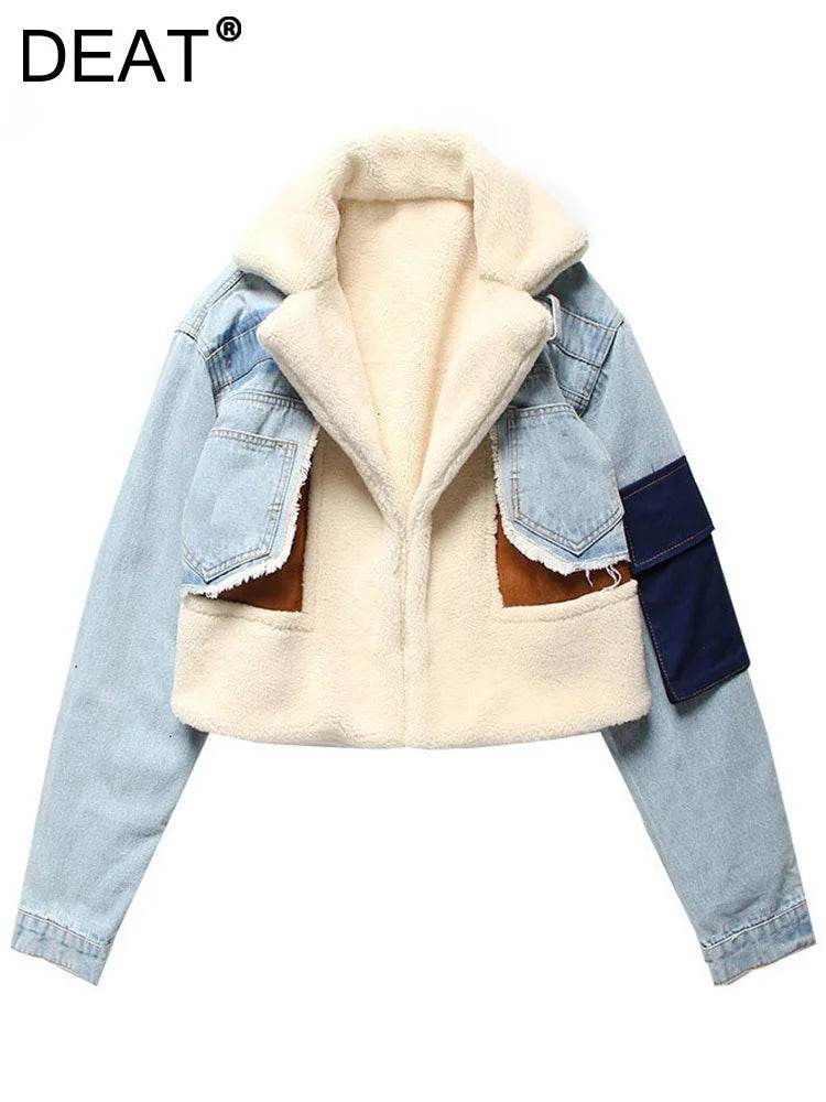 DEAT Women's Slim Woolen Coat - Full Sleeve, Patchwork Design - Buy Center US