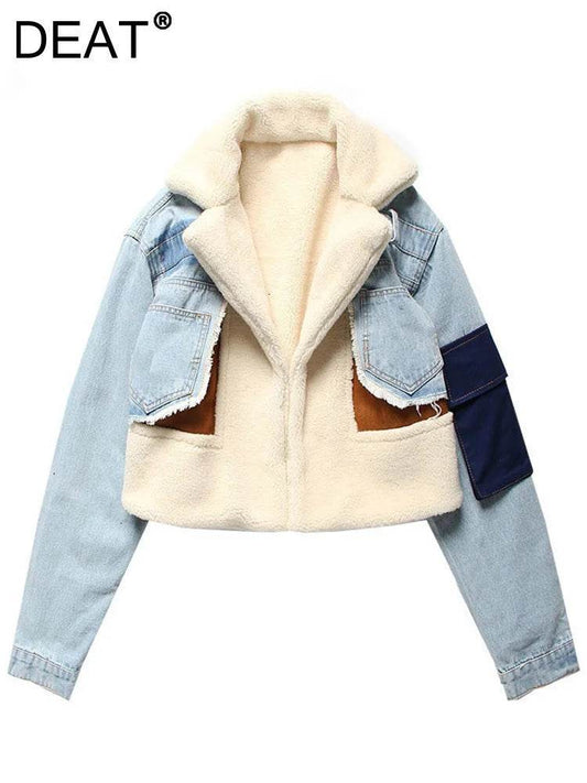 DEAT Women's Slim Woolen Coat - Full Sleeve, Patchwork Design - Buy Center US