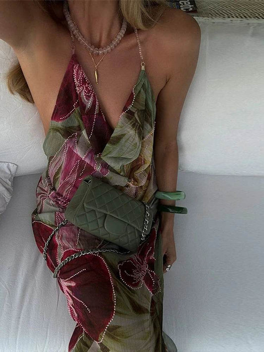 Women's Retro V-neck Halter Long Beach Dress - Sleek & Sleeveless - Buy Center US