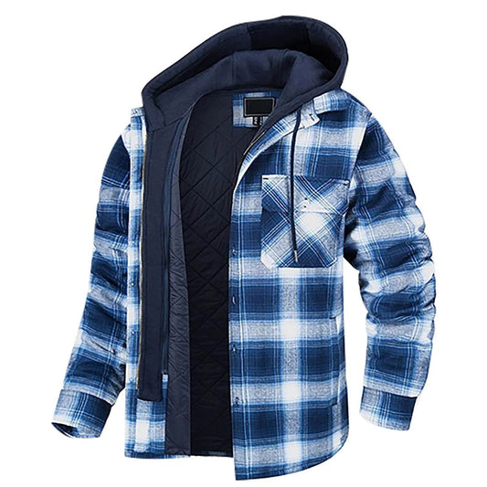Men's Winter Flannel Cotton Shirt Jacket with Hood - Quilted & Warm - Buy Center US
