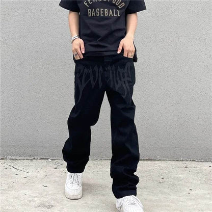 Black Baggy Straight Jeans for Men - Vintage Hip-Hop Style Denim - Buy Center US