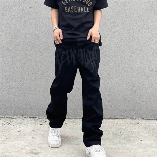 Black Baggy Straight Jeans for Men - Vintage Hip-Hop Style Denim - Buy Center US