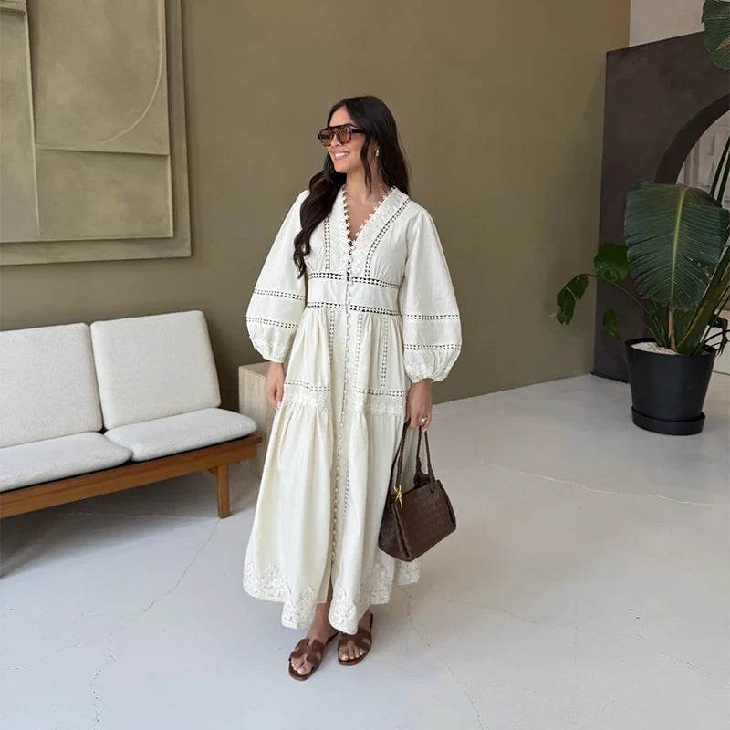Women’s V-Neck Maxi Dress - Lace Patchwork for Spring/Summer - Buy Center US
