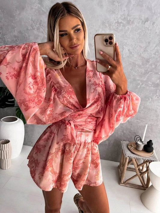 Summer Boho Deep V Neck Set - Casual Lantern Sleeve Top & Shorts - Buy Center US