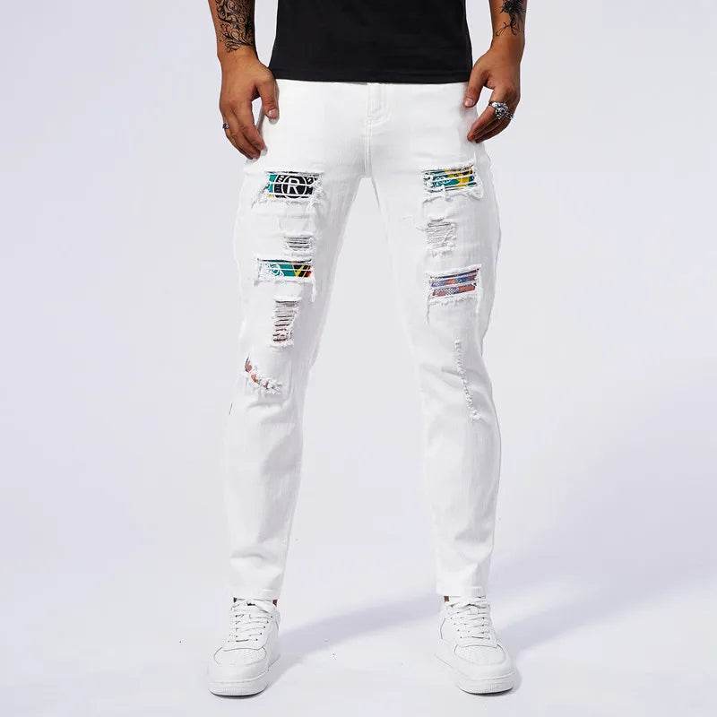 Men's White Ripped Slim Fit Jeans - Casual Straight Leg Pants - Buy Center US