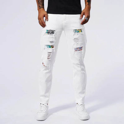 Men's White Ripped Slim Fit Jeans - Casual Straight Leg Pants - Buy Center US