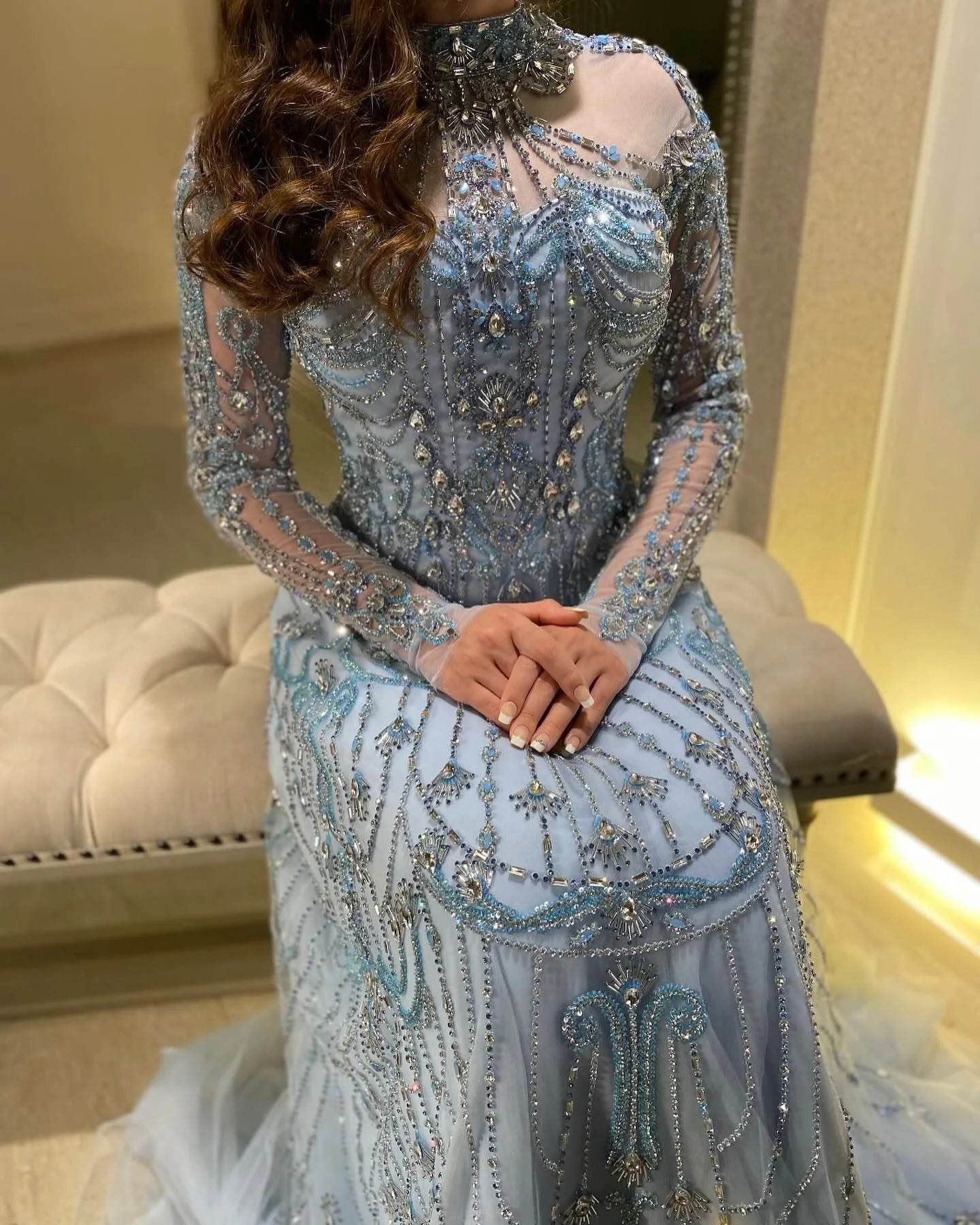 Sharon Said Blue High Neck Evening Dress - Luxury Formal Gown - Buy Center US