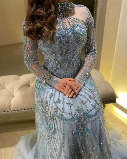 Sharon Said Blue High Neck Evening Dress - Luxury Formal Gown - Buy Center US