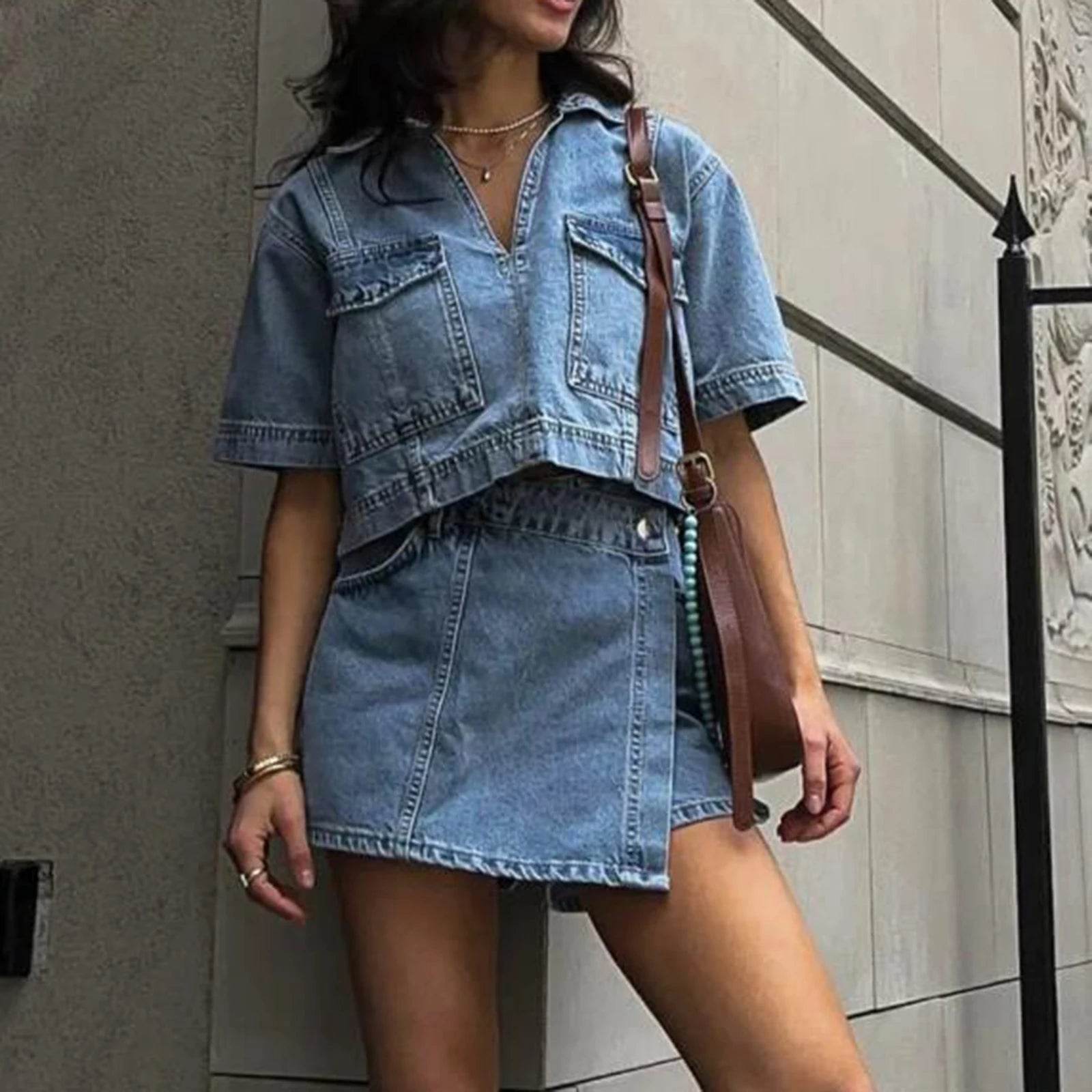Hirigin Women’s Denim 2 Piece Set - V Neck Tunic & Mini Skirt - Buy Center US
