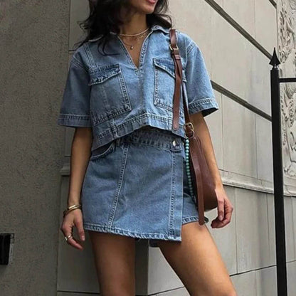 Hirigin Women’s Denim 2 Piece Set - V Neck Tunic & Mini Skirt - Buy Center US