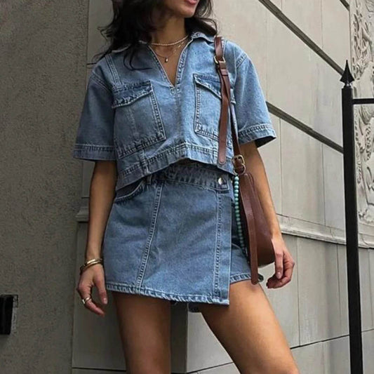 Hirigin Women’s Denim 2 Piece Set - V Neck Tunic & Mini Skirt - Buy Center US