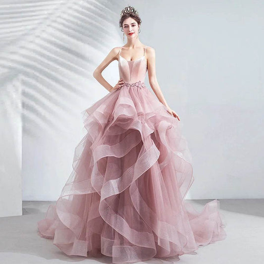 Elegant Pink Long Evening Dress - Sleeveless Princess Ball Gown - Buy Center US