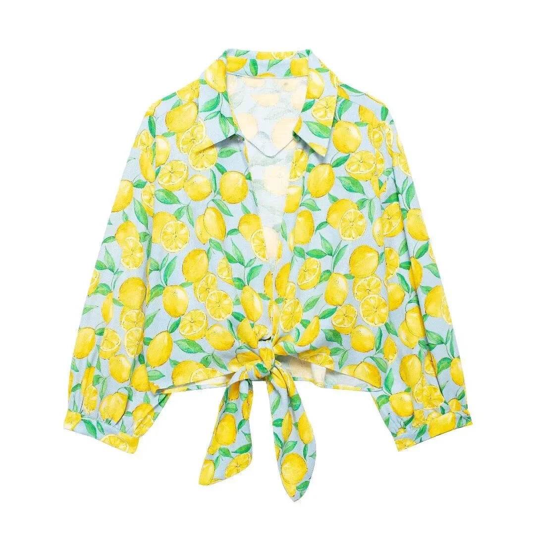 2024 ZAR4 Women's Linen Lemon Print Knot Short Shirt & High-Waist Shorts - Buy Center US