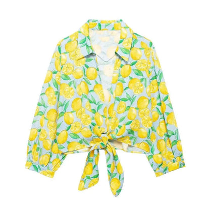 2024 ZAR4 Women's Linen Lemon Print Knot Short Shirt & High-Waist Shorts - Buy Center US