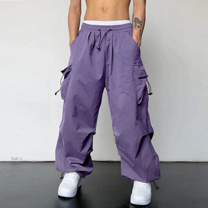 Men's Casual Mid Waist Cargo Pants - Solid Color with Woven Pockets - Buy Center US