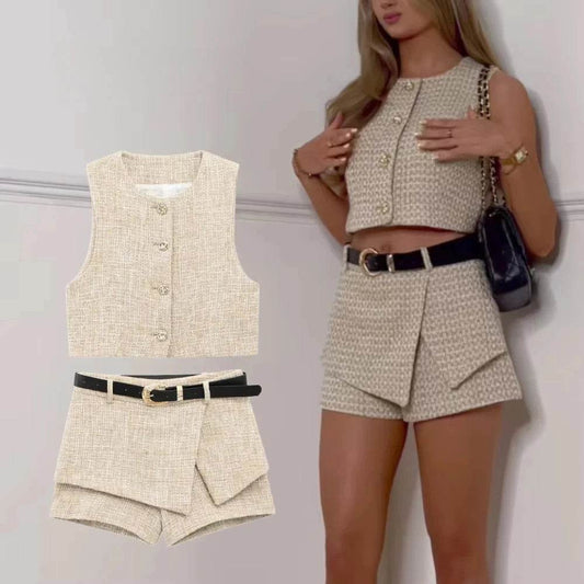 ZBZA Women's Textured Check Vest & Shorts Set - Chic Summer Look - Buy Center US