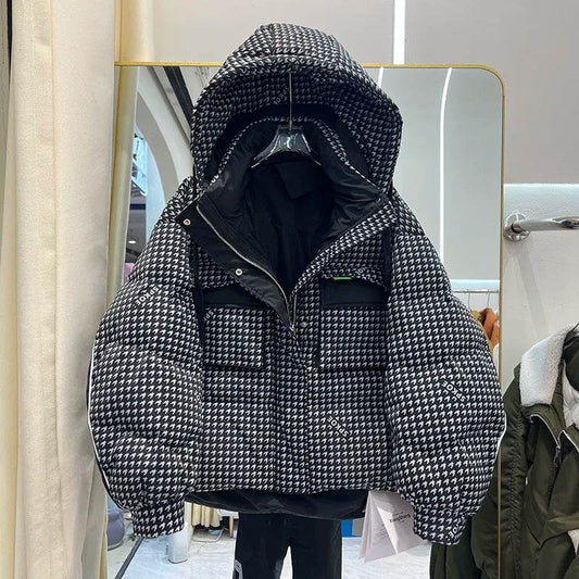 Women's Houndstooth Puffer Jacket - 90% Duck Down, Hooded Warmth - Buy Center US