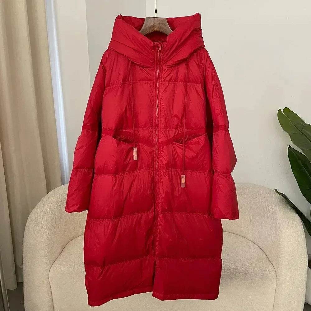 Women's White Duck Down Jacket - Thick, Hooded, Extra-Long Winter Coat - Buy Center US