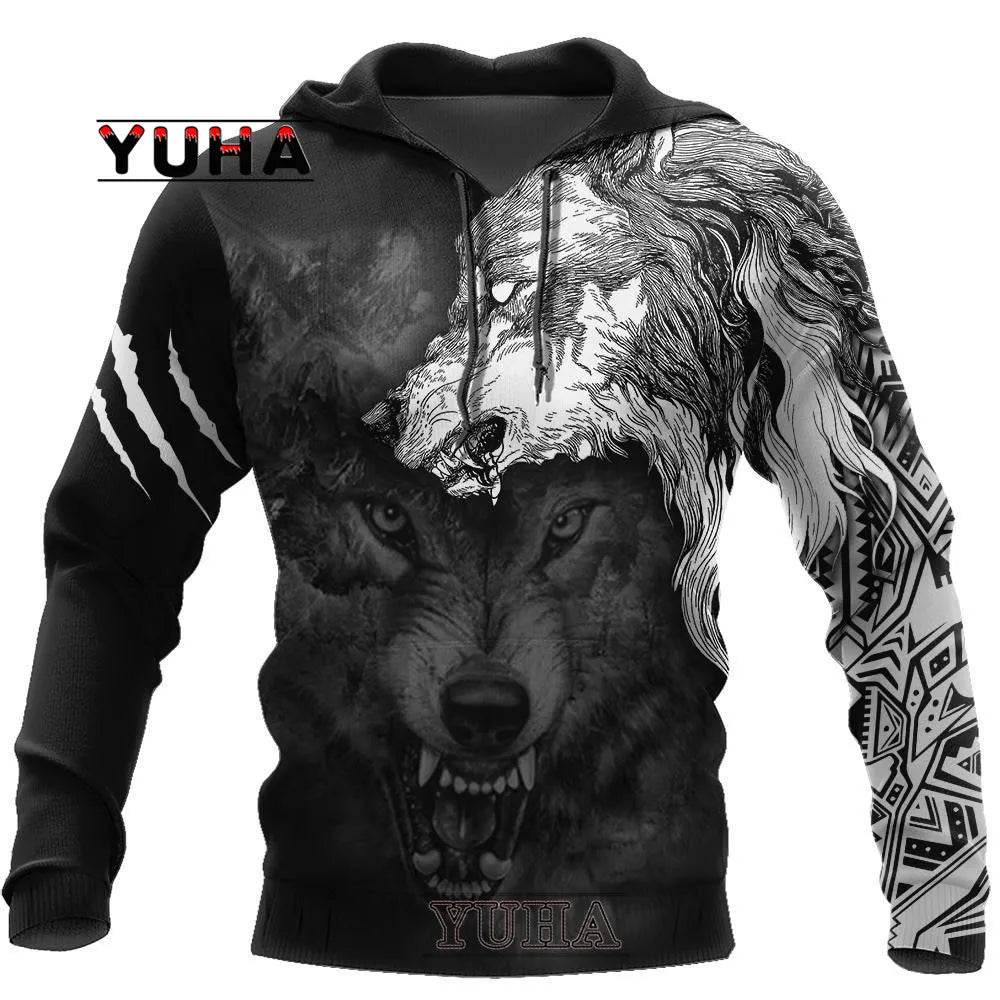 Retro Wolf Tattoo Vegvisir Hoodie - Black & White 3D Print for Men - Buy Center US