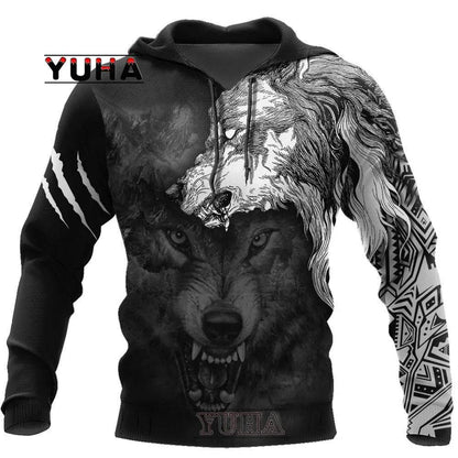 Retro Wolf Tattoo Vegvisir Hoodie - Black & White 3D Print for Men - Buy Center US