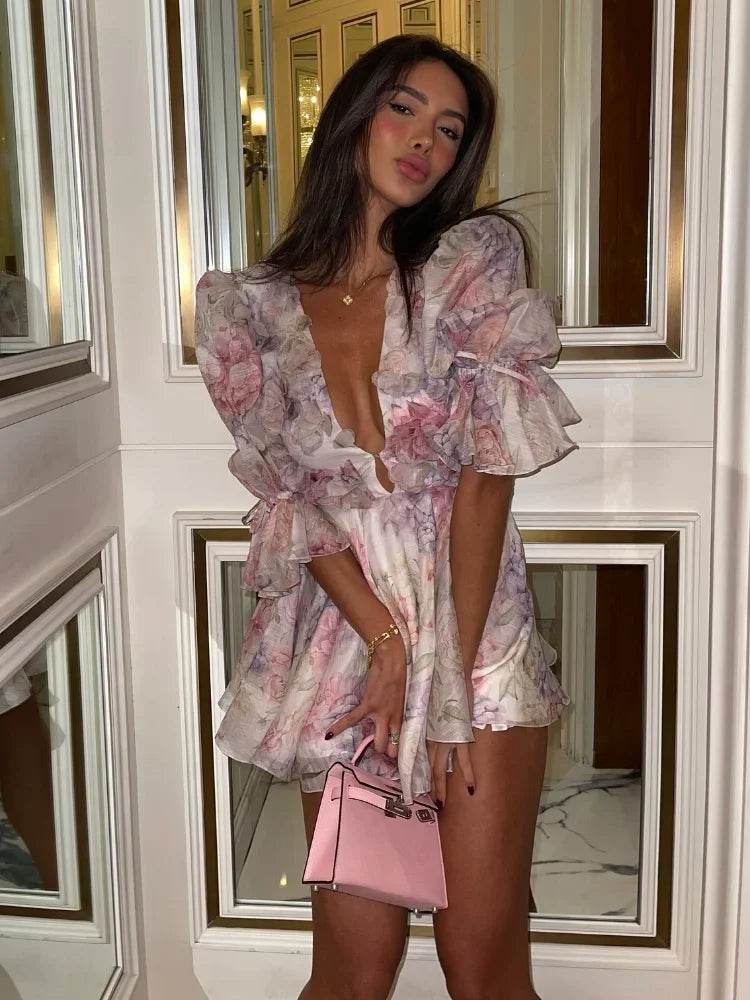 Beainmmry Sexy V-Neck Printed Mini Dress - Flare Sleeve A-Line Style - Buy Center US