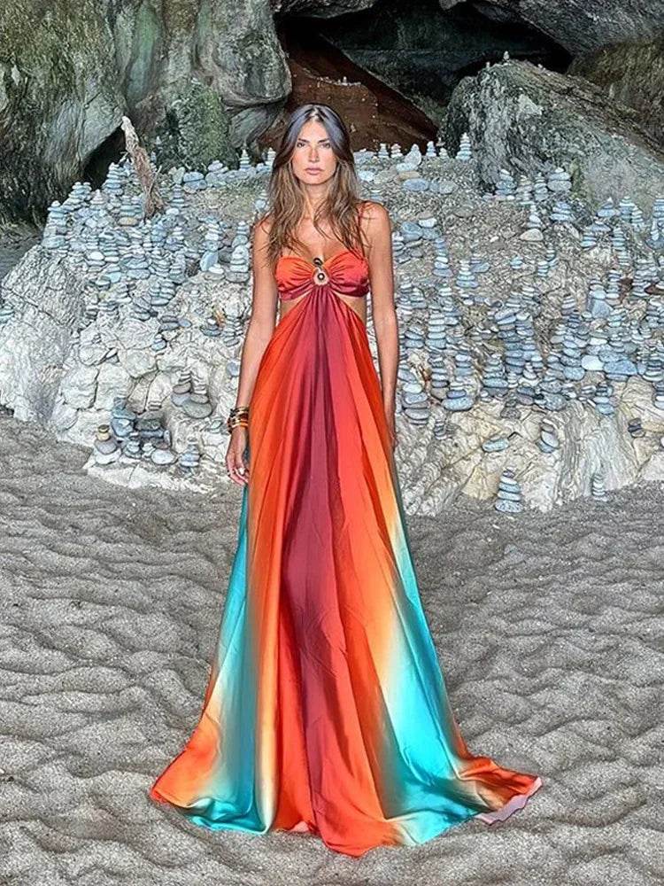 Beainmmry Colorful Print Beach Dress - Strapless Pleated Maxi Style - Buy Center US