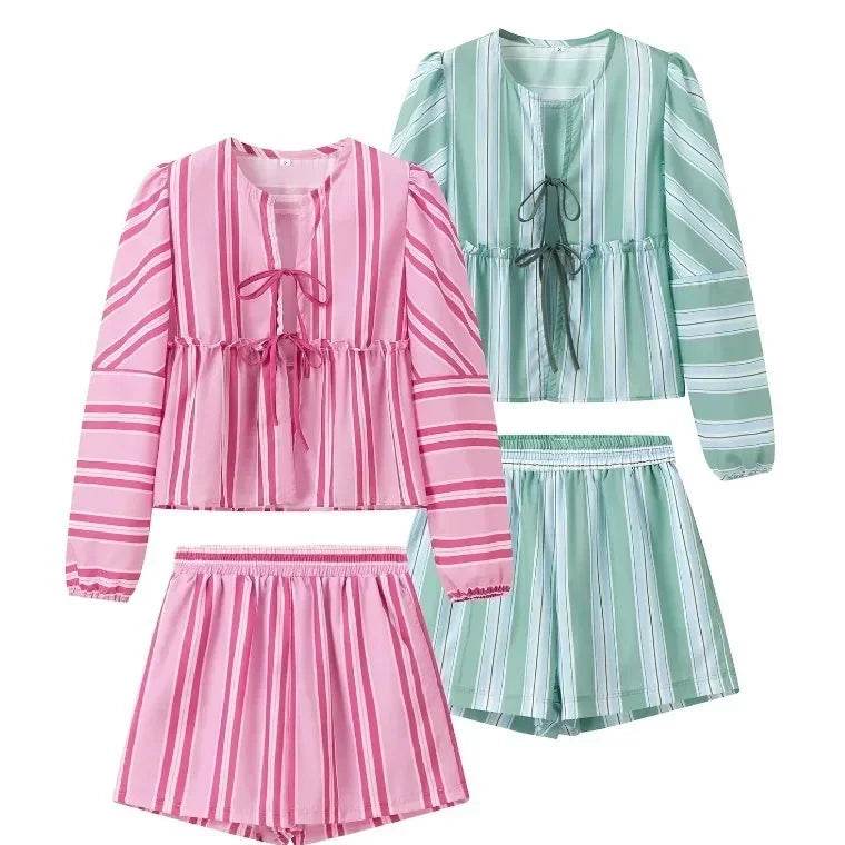 Chic Striped Lantern Sleeve Casual Top & Shorts Set for Women - Buy Center US