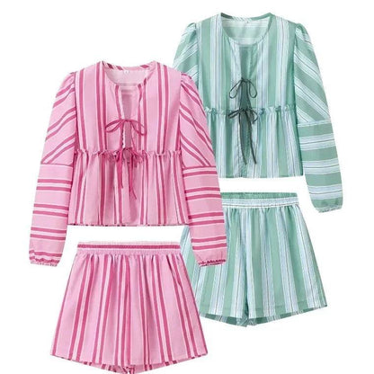 Chic Striped Lantern Sleeve Casual Top & Shorts Set for Women - Buy Center US