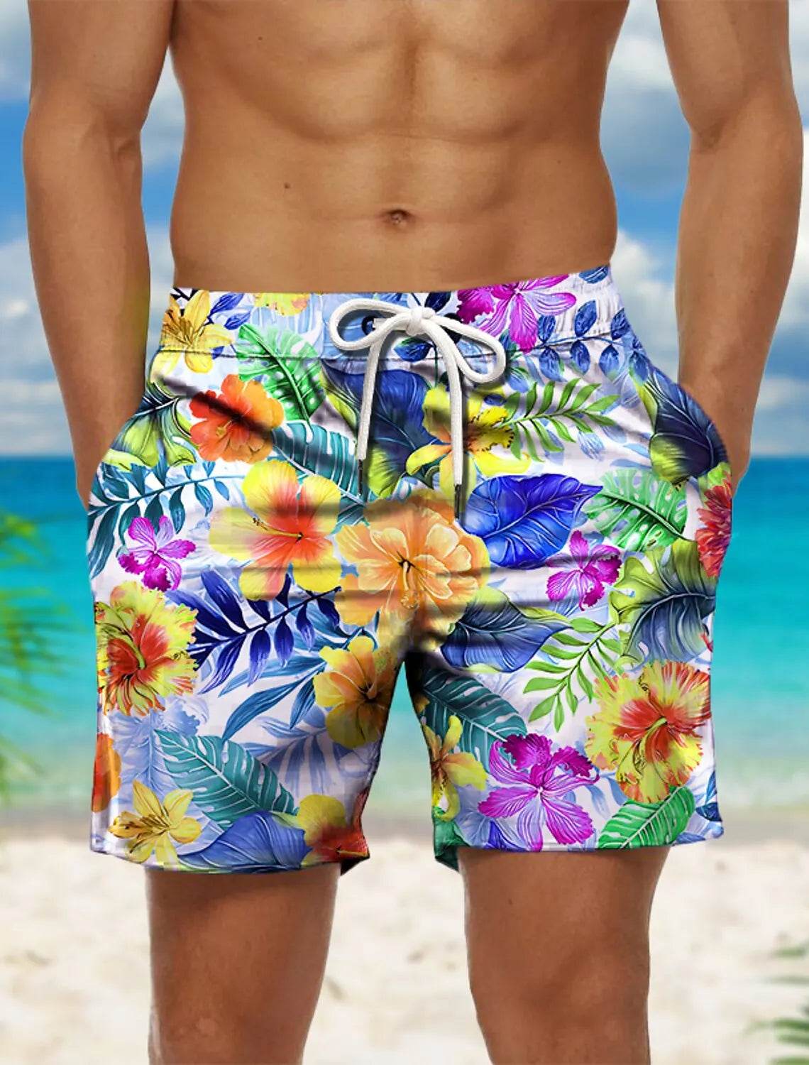 Men's Hawaiian Board Shorts - Quick Dry Floral Print Swim Trunks - Buy Center US