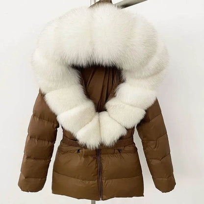 Women's Hooded White Duck Down Coat - Real Raccoon Fur Collar - Buy Center US