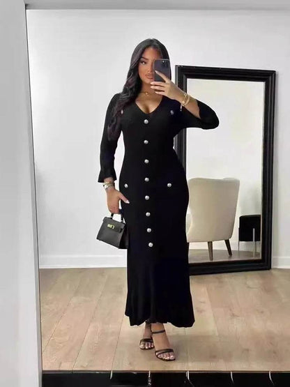 Elegant Office Lady Knitted Dress - Short Sleeve V-Neck Style - Buy Center US